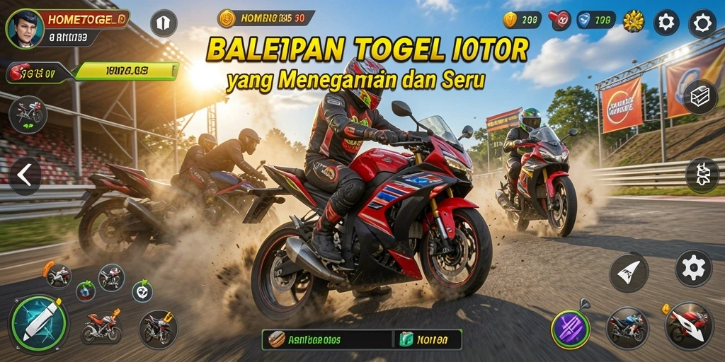 Tampilan gameplay HOMETOGEL dengan motor yang melaju kencang di lintasan.
