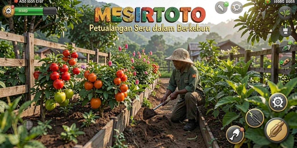 Tampilan gameplay seru MESIRTOTO dengan kebun yang indah.