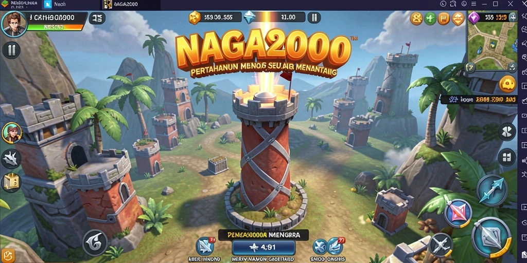 Tampilan gameplay menarik dari NAGA2000 dengan menara yang beragam.