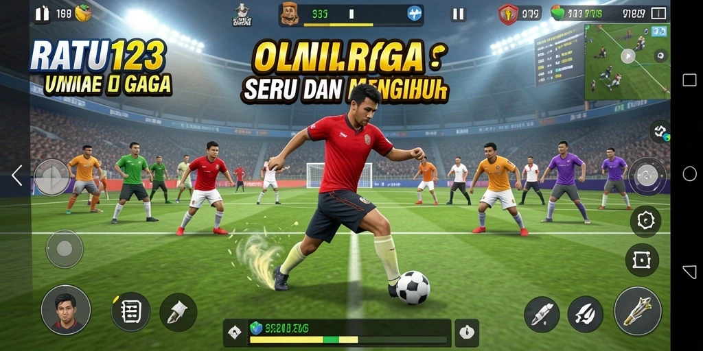 Tangkapan layar utama RATU123 menampilkan aksi seru di lapangan olahraga.