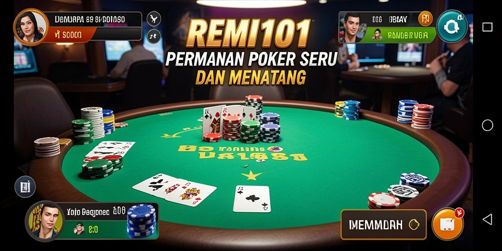 Tampilan gameplay REMI101 yang menarik dan mendebarkan sementara bermain Poker.