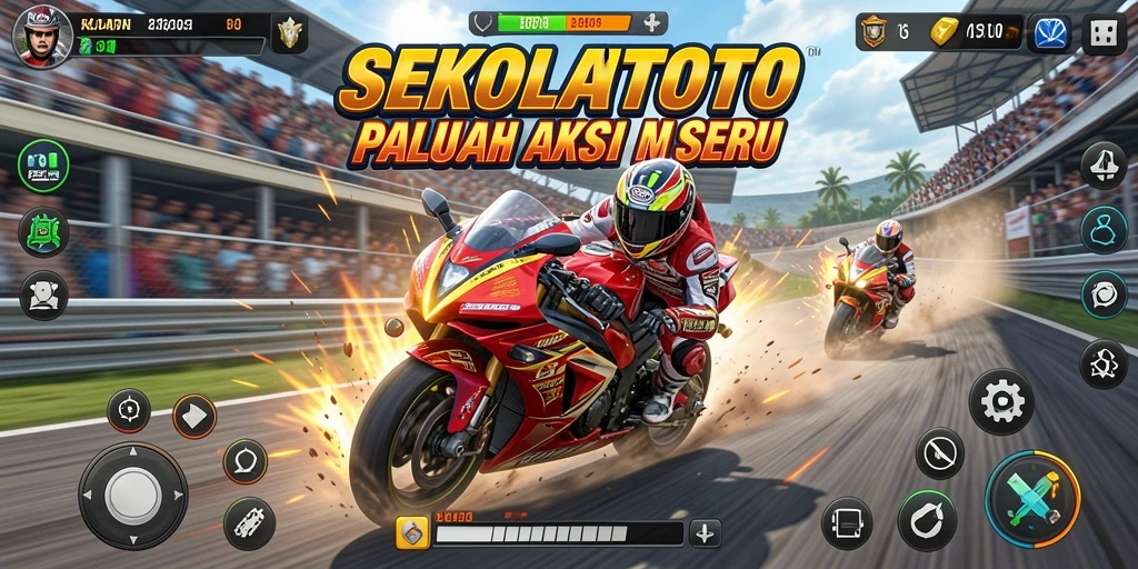 Tangkapan layar dari gameplay <strong>SEKOLAHTOTO</strong> yang menampilkan balapan motor yang menegangkan.