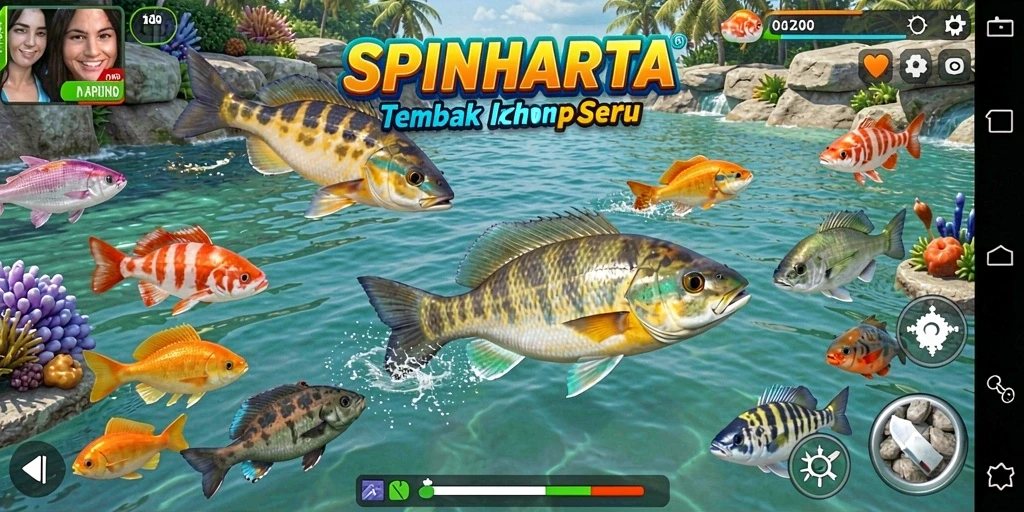 Tampilan gameplay SPINHARTA saat pemain menangkap ikan.